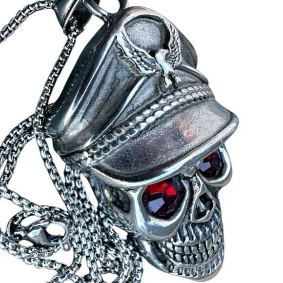 Men's Bold Skull Pendant Necklace with Red Eyes - 24" Stainless Steel Chain - Picture 12 of 17